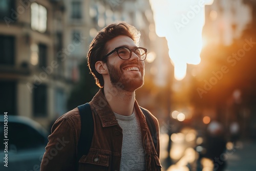 Man wearing glasses, smiling as he looks upward, bathed in urban sunset light. photo