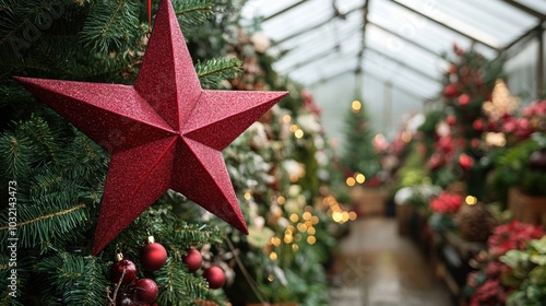 Red star ornament hanging among festive decorations in a greenhouse