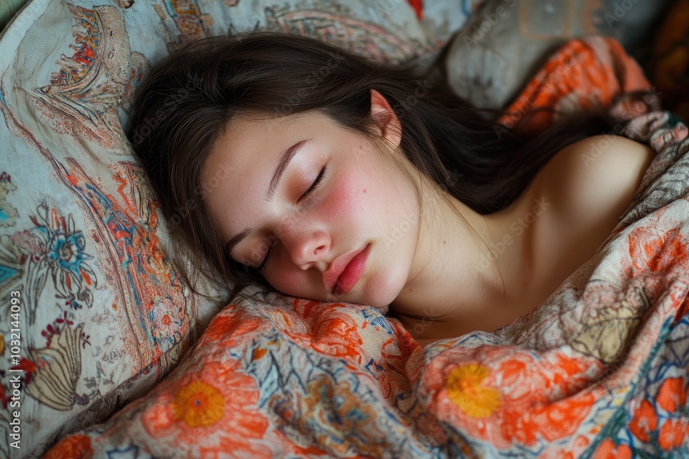Young woman sleeping peacefully in bed with floral blanket Young woman sleeping peacefully in bed with floral blanket