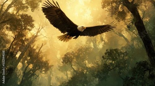 Wallpaper Mural Bald eagle soaring high above the treetops, its wings spread wide as it glides effortlessly through the sky. Torontodigital.ca