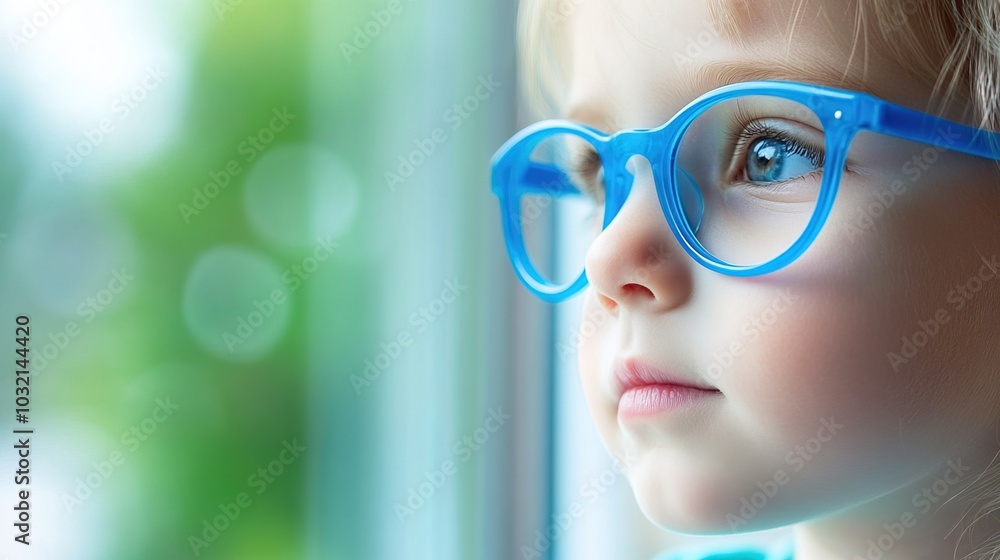 Young child wearing blue glasses focusing on distant tree outside window, symbolizing myopia prevention and importance of outdoor activities. Young child wearing blue glasses focusing on distant tree outside window, symbolizing myopia prevention and importance of outdoor activities.