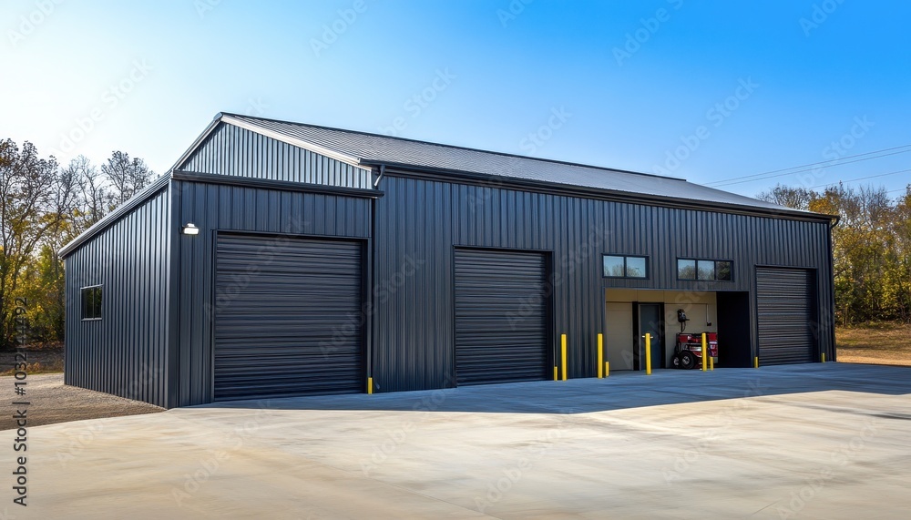Fototapeta premium Modern steel commercial garage building with roll-up doors in a tranquil setting