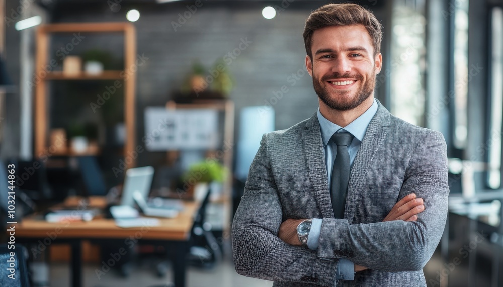 Confident young businessman smiling at camera in modern office setting Confident young businessman smiling at camera in modern office setting