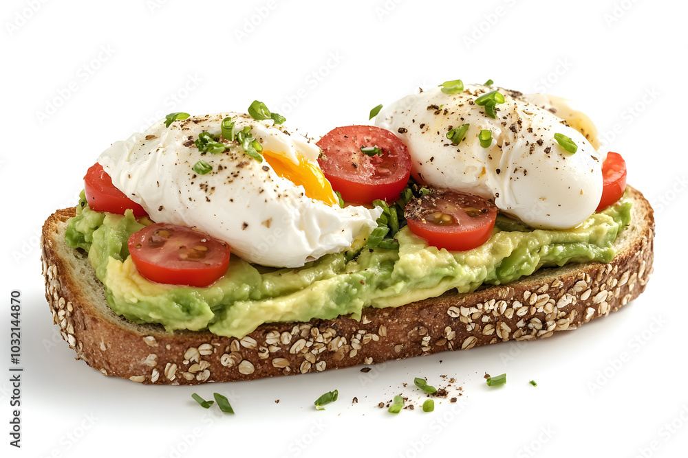 Healthy avocado toast with poached eggs isolated on white background
Healthy avocado toast with poached eggs isolated on white background