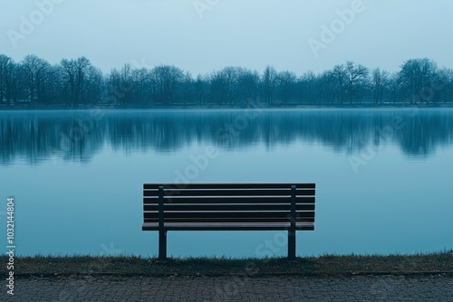 Wallpaper Mural A solitary bench overlooking a still lake with a foggy sky and a reflection of trees. Torontodigital.ca