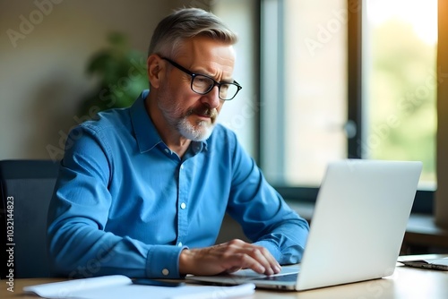 Busy middle aged business man executive wearing shirt and glasses sitting at desk using laptop. Mature serious professional businessman manager working looking at computer technology in office