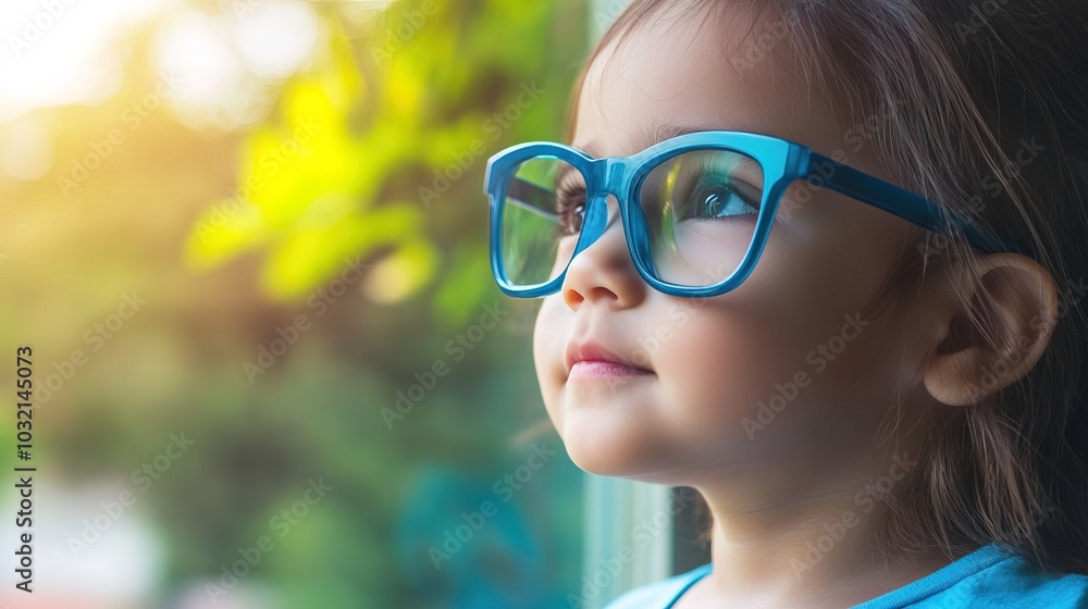 Young child wearing blue glasses focusing on distant tree outside window, symbolizing myopia prevention and importance of outdoor activities. Young child wearing blue glasses focusing on distant tree outside window, symbolizing myopia prevention and importance of outdoor activities.