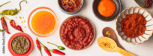 Hot sauces and hot pepper pastes of the world: North African Harissa sauce, Indian Curry paste, Chinese sweet sauce, Georgian green plum  Adjika, Thai Sriracha sauce, South American Mango sauce