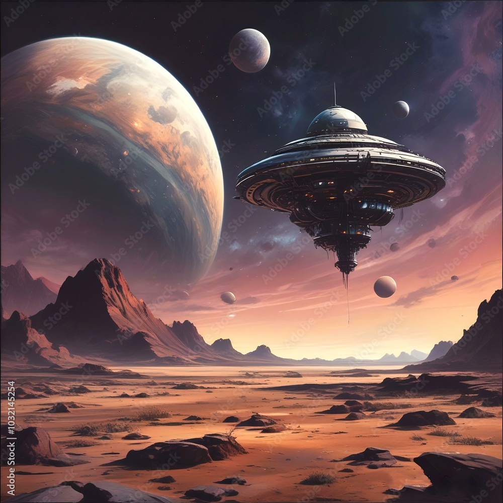 Illustration of spaceship with large planet behind. Illustration of spaceship with large planet behind.