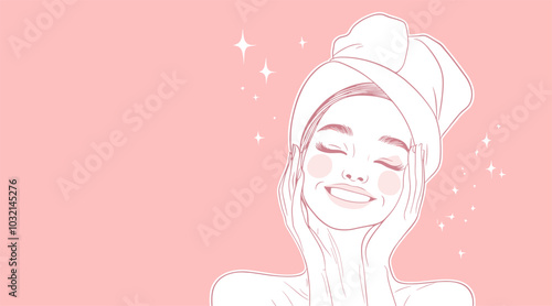 vector portrait girl on head towel hands hug face pink background .Generative AI