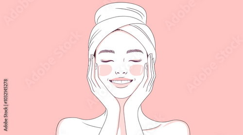 vector portrait girl on head towel hands hug face pink background .Generative AI