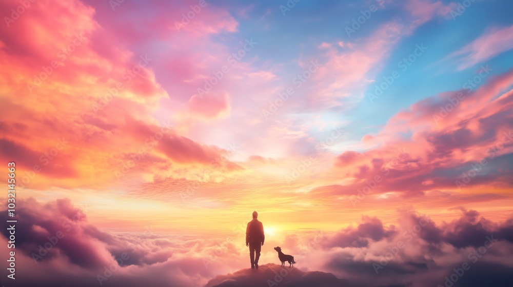 A person and their dog enjoying a breathtaking sunset view from a mountain peak above the clouds A person and their dog enjoying a breathtaking sunset view from a mountain peak above the clouds