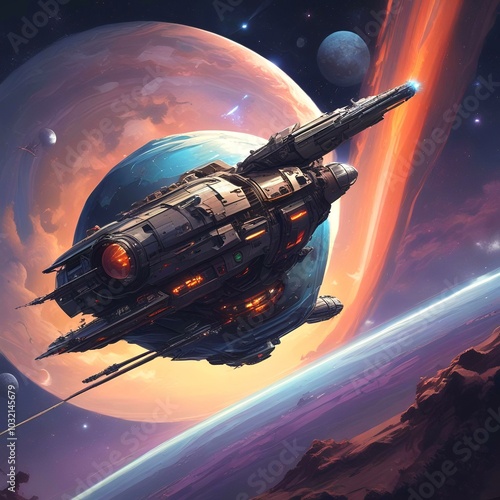 Wallpaper Mural Illustration of spaceship with large planet behind. Torontodigital.ca