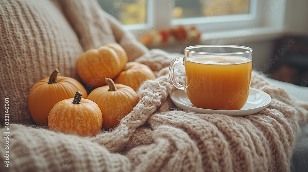 A minimalist flat lay featuring small pumpkins, a beige sweater, and a cup of hot cider, arranged in a cozy autumnal composition. A minimalist flat lay featuring small pumpkins, a beige sweater, and a cup of hot cider, arranged in a cozy autumnal composition.