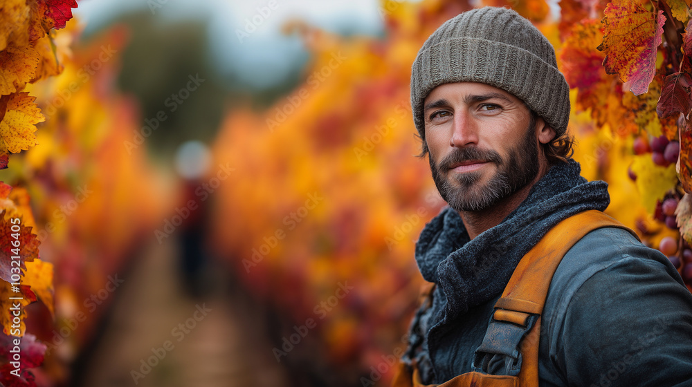 A scenic autumn vineyard with rows of grapevines turning vibrant red and orange, and a farmer carefully harvesting ripe grapes. A scenic autumn vineyard with rows of grapevines turning vibrant red and orange, and a farmer carefully harvesting ripe grapes.