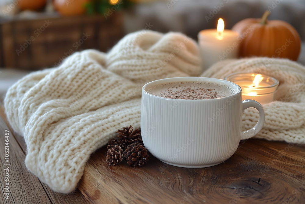 A warm and inviting autumn setup with a knitted scarf, a cup of hot chocolate, and a flickering candle on a rustic wooden table. A warm and inviting autumn setup with a knitted scarf, a cup of hot chocolate, and a flickering candle on a rustic wooden table.