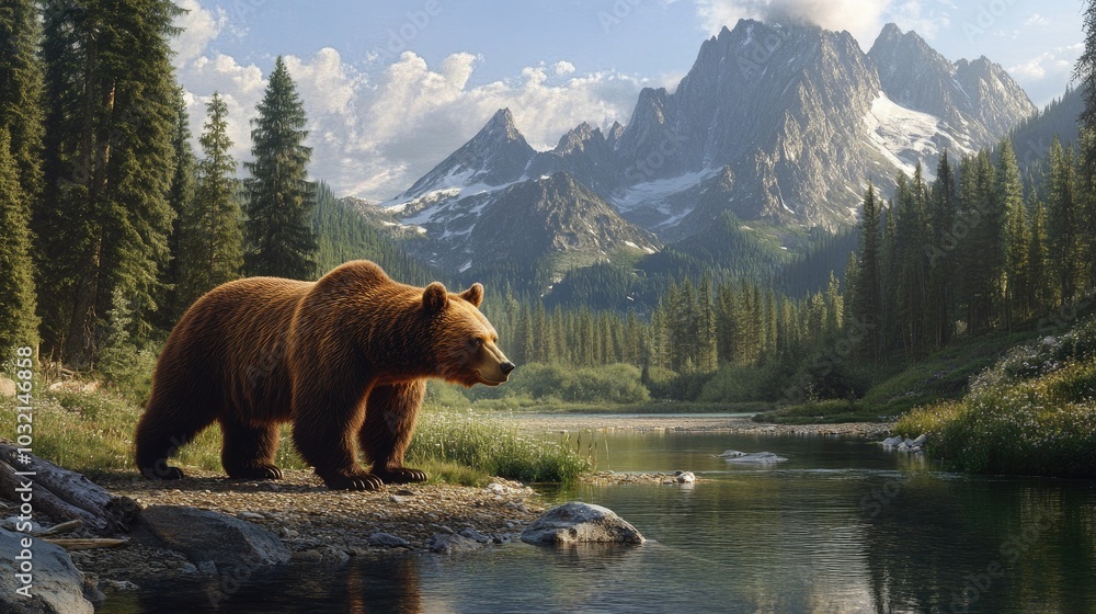 Grizzly bear walking along a riverbank, the mountains towering in the background. Grizzly bear walking along a riverbank, the mountains towering in the background.
