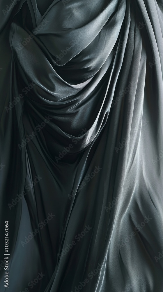 Fototapeta premium Smooth, luxurious dark green satin fabric is draped and flowing, forming elegant waves and folds. The light reflects off the fabric, creating a sense of movement and depth