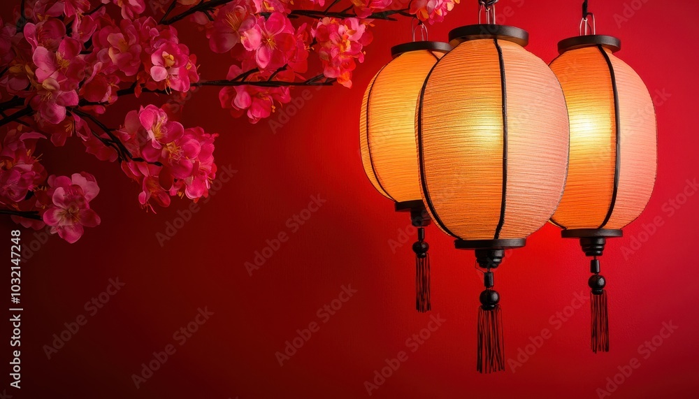 Celebrate Chinese New Year with vibrant lanterns and blossoms on red! Celebrate Chinese New Year with vibrant lanterns and blossoms on red!