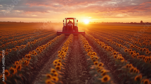 A farmer harvesting sunflowers on a bright autumn day, surrounded by fields of orange and yellow as the sun sets on the horizon.