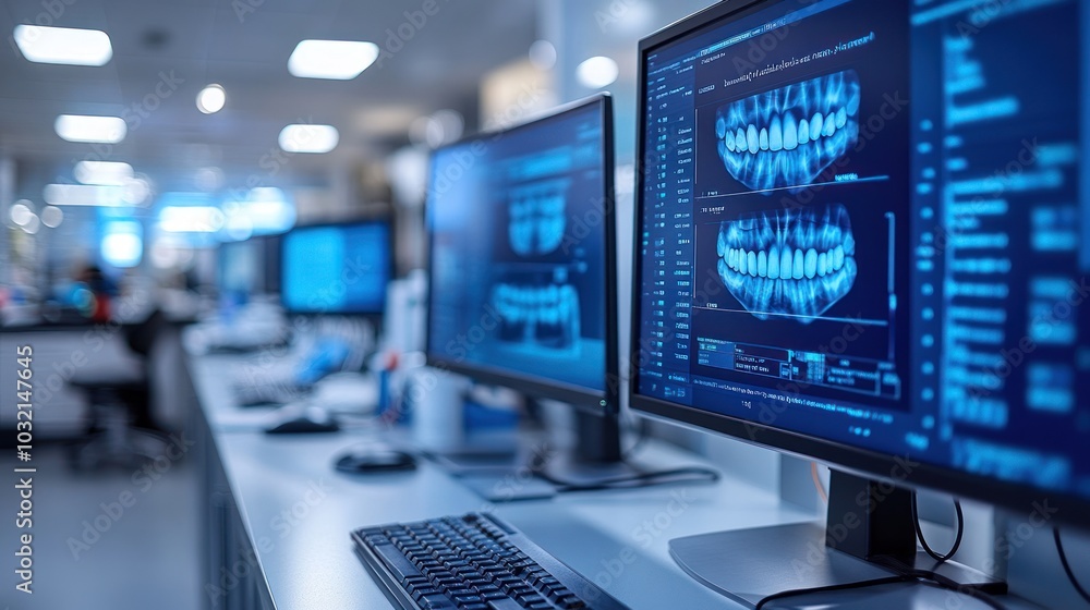 X-ray images of teeth displayed on computer monitors in a modern dental office. X-ray images of teeth displayed on computer monitors in a modern dental office.