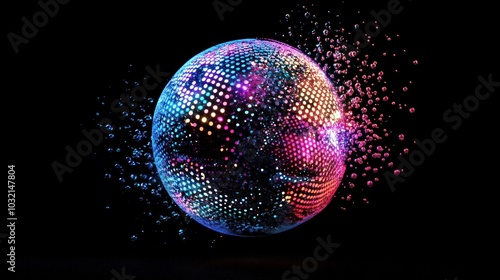 A three-dimensional, multicolored dot ball explodes.