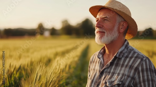 A senior farmer stands proudly in a sunlit wheat field, embracing the tranquility of nature. His thoughtful expression reflects a deep connection to the land and farming traditions.