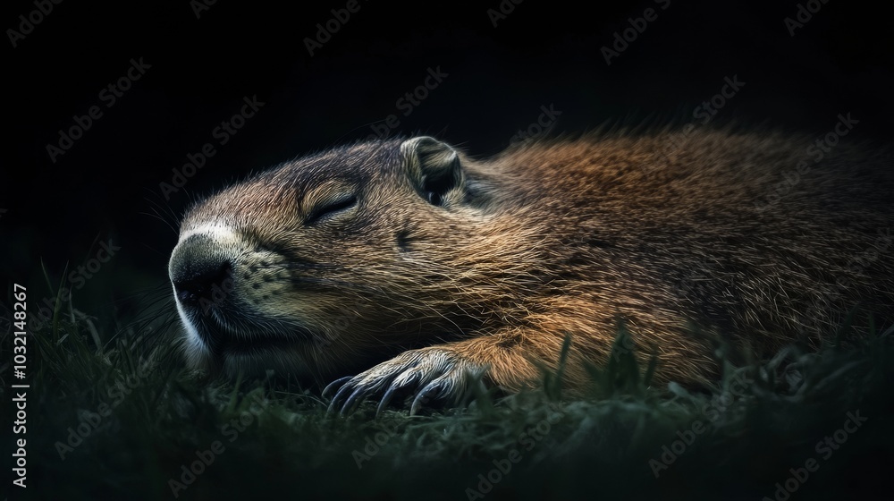 Cute marmot peacefully sleeping in the grass at night, bathed in soft light against a dark background, creating a tranquil and serene atmosphere with shadows adding to the calm ambiance Cute marmot peacefully sleeping in the grass at night, bathed in soft light against a dark background, creating a tranquil and serene atmosphere with shadows adding to the calm ambiance