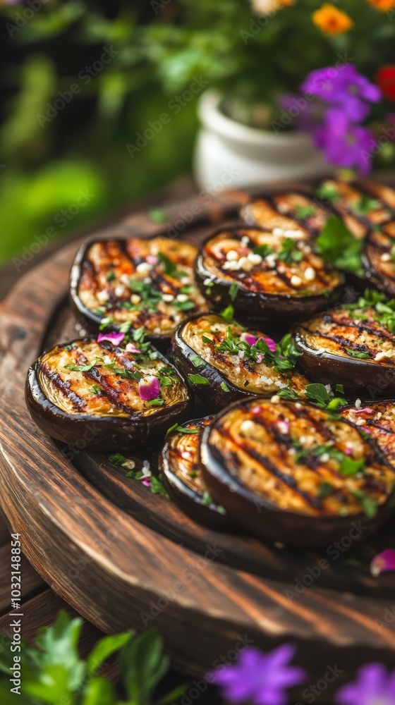 Slices of grilled eggplant seasoned with salt, herbs and spices are arranged on a rustic wooden plate, creating a delicious and visually appealing dish Slices of grilled eggplant seasoned with salt, herbs and spices are arranged on a rustic wooden plate, creating a delicious and visually appealing dish
