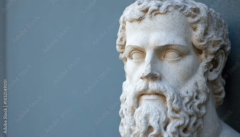 Ancient Greek marble sculpture of a bearded man with an intense gaze Ancient Greek marble sculpture of a bearded man with an intense gaze