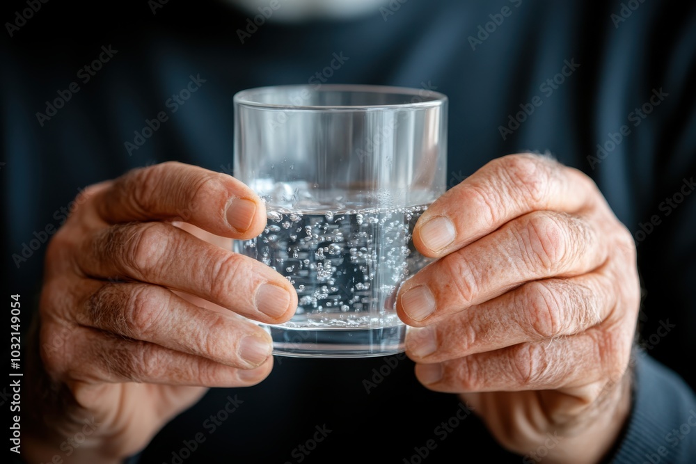 Experienced hands hold a glass of sparkling water, illustrating the elegance of everyday life. The focus on bubbling water adds a dynamic touch to the tranquil scene. Experienced hands hold a glass of sparkling water, illustrating the elegance of everyday life. The focus on bubbling water adds a dynamic touch to the tranquil scene.