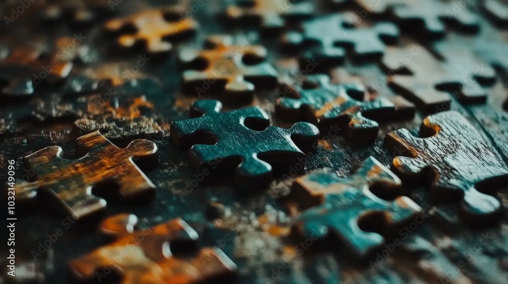 Unfinished Puzzle Piece Chaos on Dark Wooden Table Unfinished Puzzle Piece Chaos on Dark Wooden Table