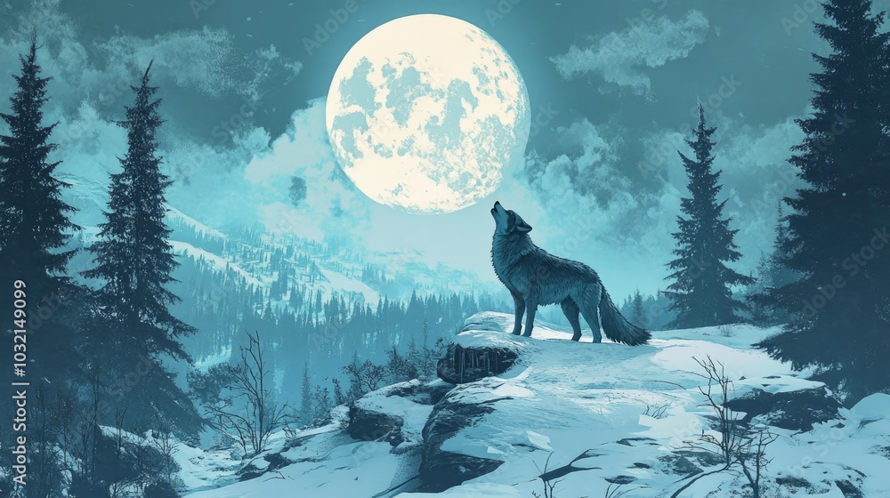 Timberwolf howling at the full moon in a snowy landscape, surrounded by dense pine forests, symbolizing the untamed wild. Timberwolf howling at the full moon in a snowy landscape, surrounded by dense pine forests, symbolizing the untamed wild.
