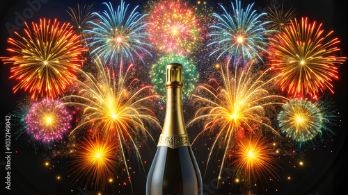 Champagne Bottle with Colorful Fireworks