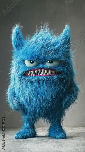 Blue hairy monster with big teeth is standing on a gray background with an angry expression. Its fur is thick and fluffy, and its eyes are narrowed in a menacing glare photo