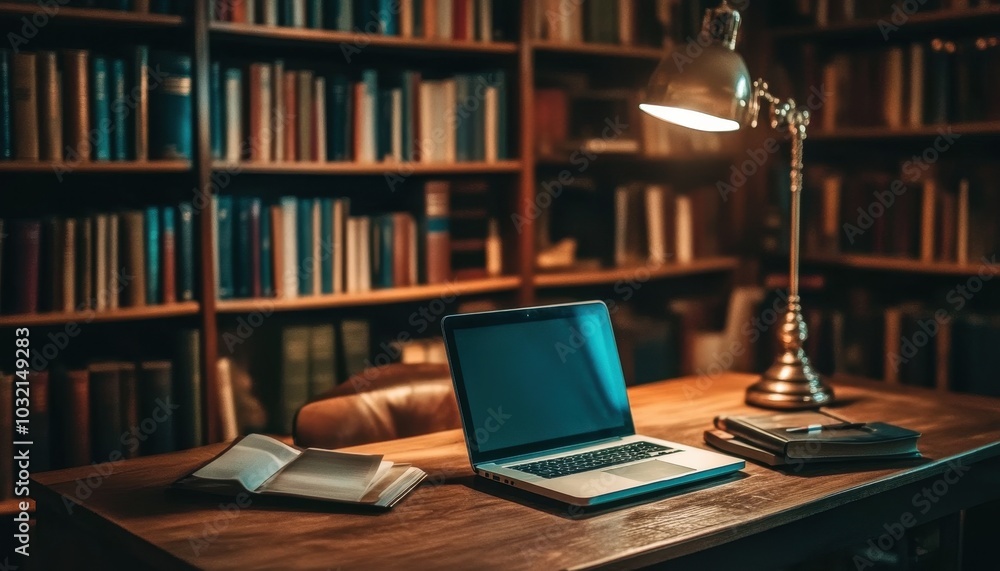 A quiet library desk with a laptop and books, perfect for evening study sessions A quiet library desk with a laptop and books, perfect for evening study sessions