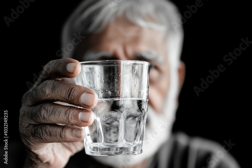 A senior man extends a glass of water towards the viewer, emphasizing the straightforwardness and transparency of life, representing simplicity and connection. photo