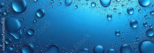 Panoramic banner of water drops on blue metal 