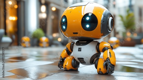 A small, yellow and white robot with blue eyes sits on a wet sidewalk in front of a city street.