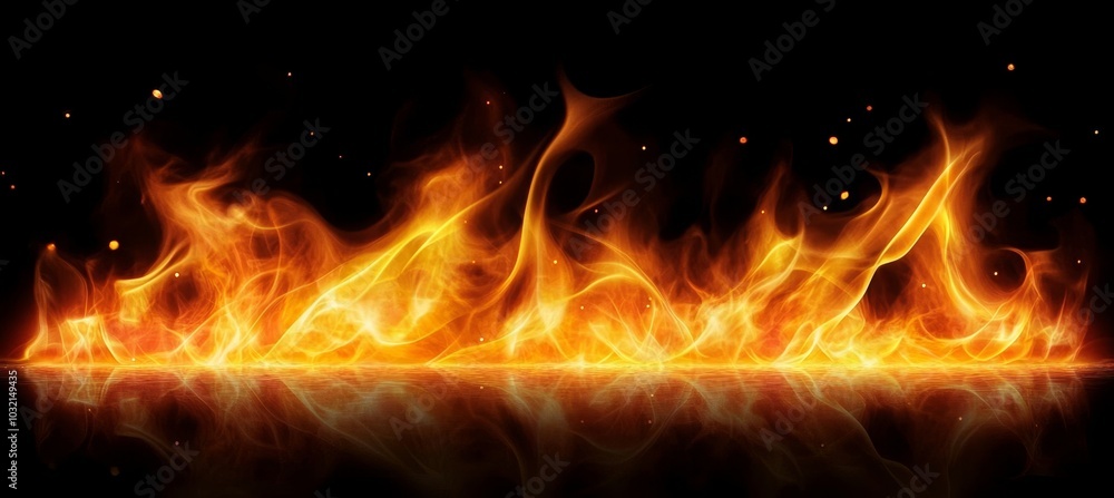 Realistic Fire Flames Border With Reflection On Black Background, For Digital Composition. Realistic Fire Flames Border With Reflection On Black Background, For Digital Composition.