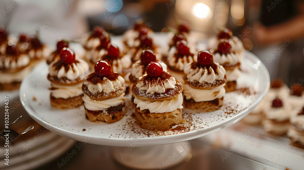 A platter of mini tiramisu desserts with various toppings A platter of mini tiramisu desserts with various toppings