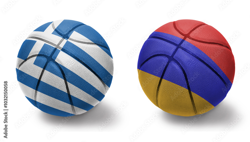 Naklejka premium basketball balls with the national flags of greece and armenia on the white background.