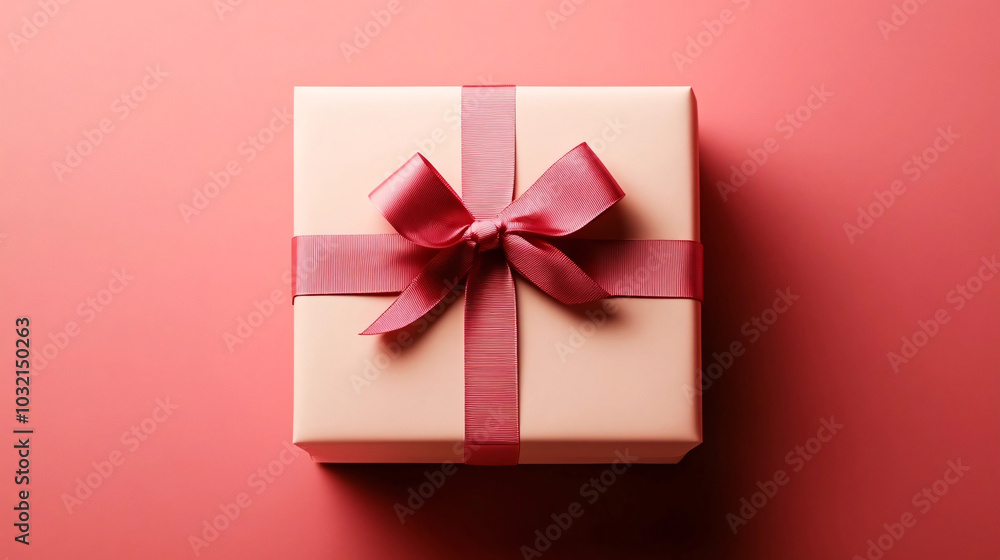 A neatly wrapped pink gift box tied with a silky red ribbon, set against a matching soft pink background, creating a simple and elegant presentation A neatly wrapped pink gift box tied with a silky red ribbon, set against a matching soft pink background, creating a simple and elegant presentation