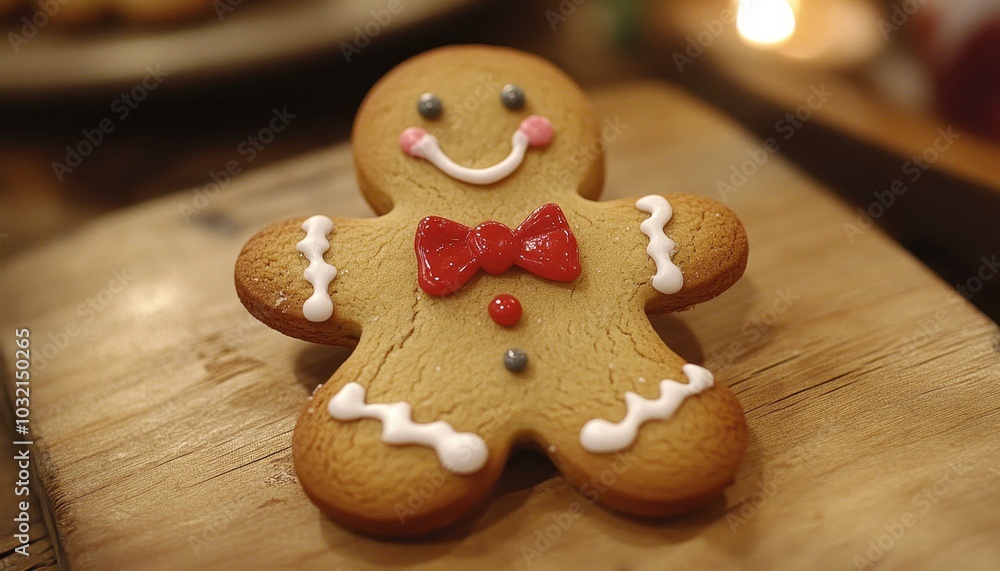 Cheerful gingerbread man with a red bow tie on a wooden table Cheerful gingerbread man with a red bow tie on a wooden table