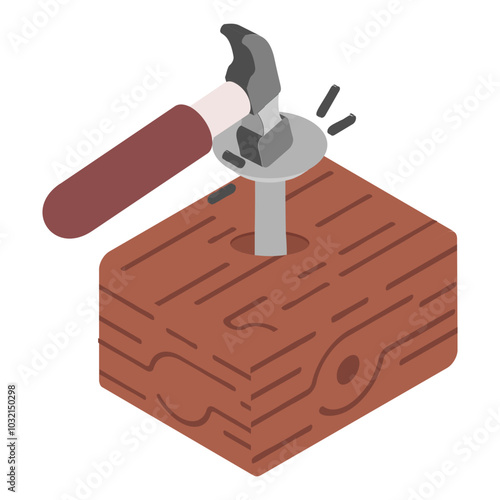 carpenter hitting a long nail with hammer isometric concept, wooden structure driving nails vector icon design, timber and lumber Symbol,  forest Deforestation products Sign mill yard and woodland 