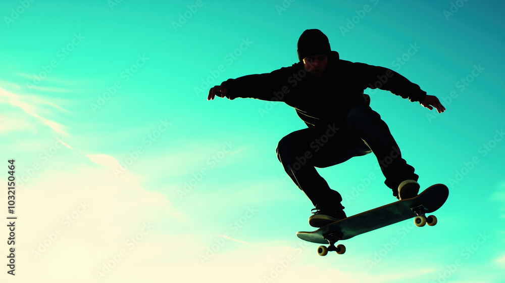 skateboarder performs jump against vibrant sky, showcasing skill and energy. silhouette captures dynamic movement and excitement of skateboarding skateboarder performs jump against vibrant sky, showcasing skill and energy. silhouette captures dynamic movement and excitement of skateboarding
