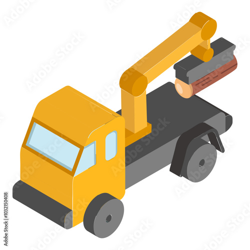 Off road Log Handling Vehicle with knuckle boom isometric concept, Hydraulic Rotation Pick up bole truck vector icon design, timber and lumber Symbol,  forest Deforestation products Sign mill yard