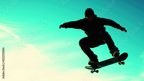Wallpaper Mural skateboarder performs jump against vibrant sky, showcasing skill and energy. silhouette captures dynamic movement and excitement of skateboarding Torontodigital.ca