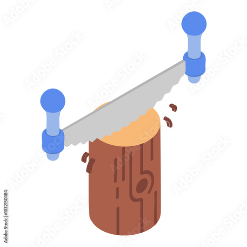 two-man saw cutting trunk from top to bottom isometric concept, woodcutter village party vector icon design, timber and lumber Symbol,  forest Deforestation products Sign,mill yard and sawworks 