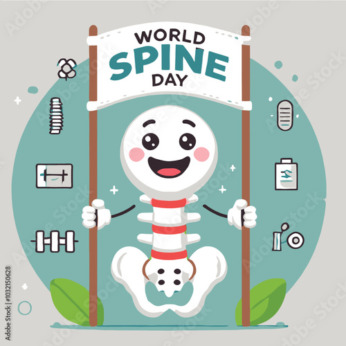 cartoon of a smiling spine character holding World Spine Day banner